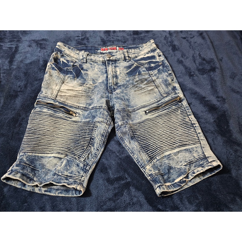 GS-115 Moto Mens Acid Wash Denim Biker Shorts Blue Size 32 Zip Detail